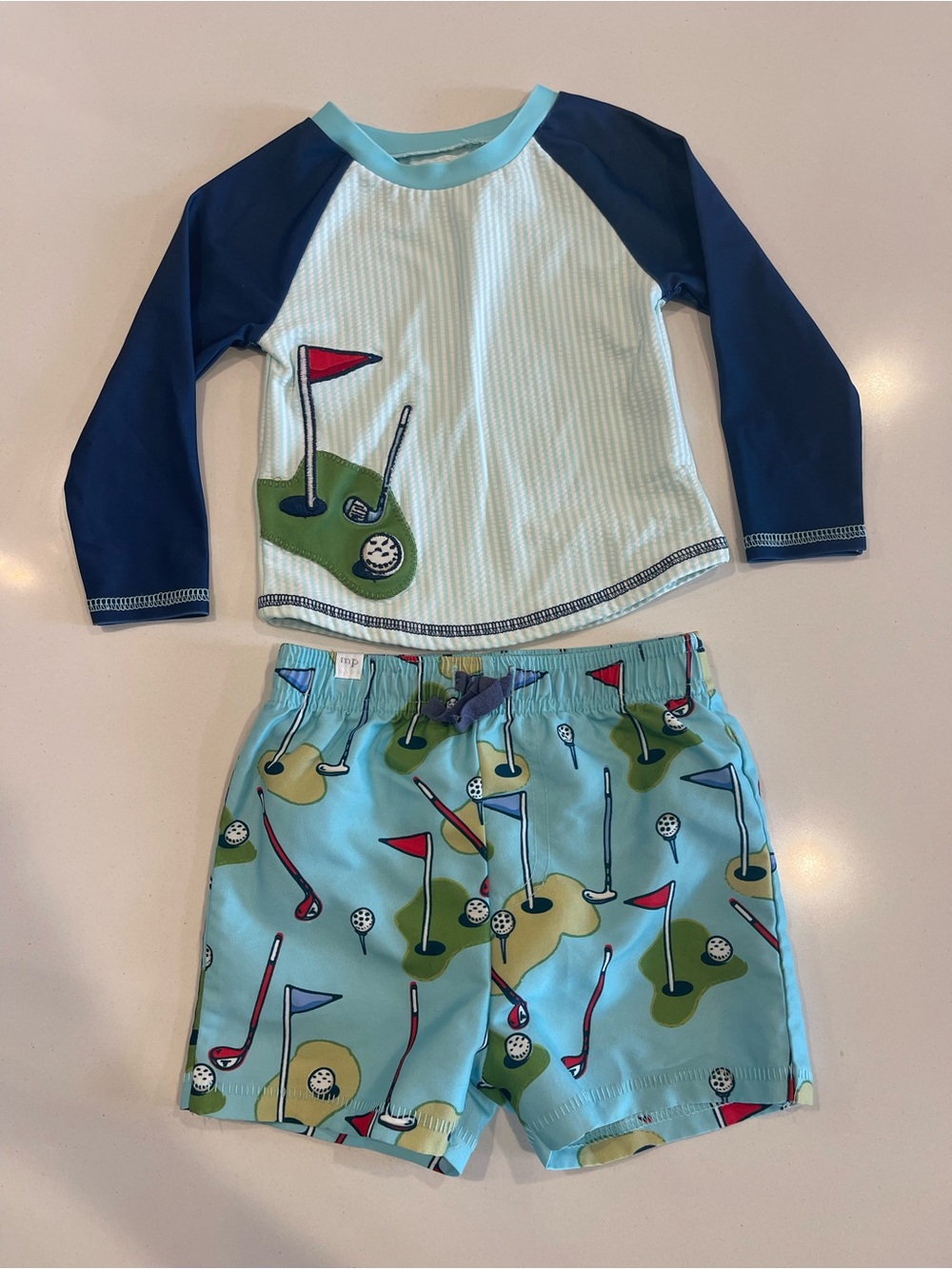 Mud Pie 6-9M golf boys swim set - Boys' Light Blue Golf Rash Guard Swim Set